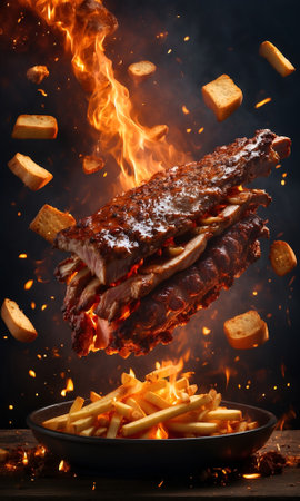 Advertisement picture of Grilled And Smoked BBQ Pork Ribs On Hot Flaming Grid. Pork Ribs On The Hot Charcoal Grill With Bright Flames On Black Background.の素材