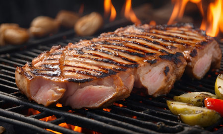 Beef steaks on the grill on the grill with flames. Grilled meat steak on stainless grill depot with flames on dark background. Food and cuisine concept.の素材