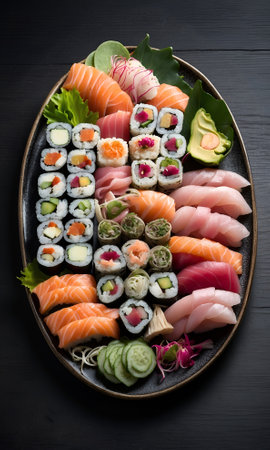 A sushi platter with fresh fish and rice arranged carefully on the dish with garnishes. Sushi arranged on a traditional sushi tray isolated on dark backgroundの素材