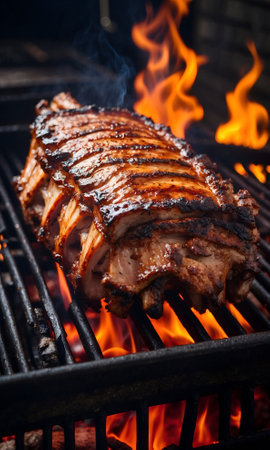 Advertisement picture of Grilled And Smoked BBQ Pork Ribs On Hot Flaming Grid. Pork Ribs On The Hot Charcoal Grill With Bright Flames On Black Background.の素材