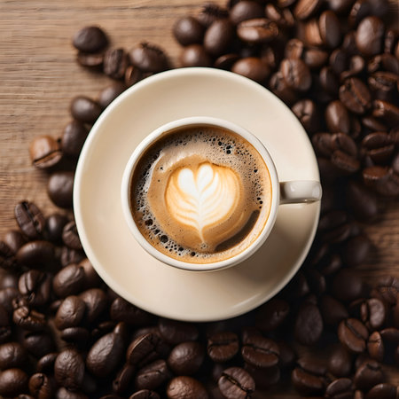 Top view of Coffee Cup and Beans on Wooden Table. Cup of hot aromatic coffee and coffee beans on wooden table. Warm cup of coffee on brown background. coffee with smoke.の素材