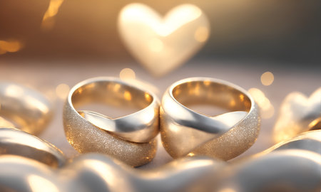 Gold wedding rings, heart shape, Elegant Wedding ring. Golden rings. Love photo. Wedding day. luxury engagement gold ring.の素材