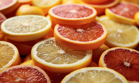 Variety of sliced citrus fruits on white background. Close-up Grapefruit slices abstract background. Bright summer texture. Juicy grapefruit slices as background, top view. Citrus fruitの素材