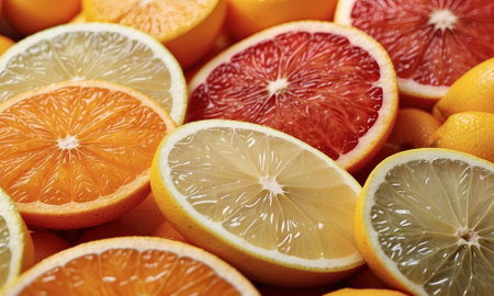 Variety of sliced citrus fruits on white background. Close-up Grapefruit slices abstract background. Bright summer texture. Juicy grapefruit slices as background, top view. Citrus fruitの素材