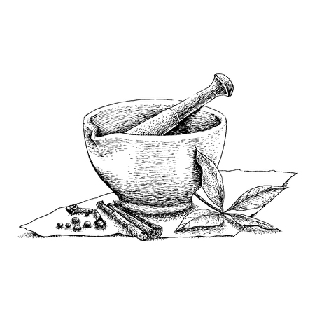 Mortar and Pestle vintage line drawingのイラスト素材