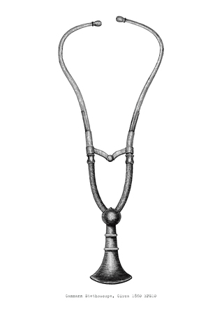 Vintage stethoscope hand drawing engraving style on white backgroundのイラスト素材