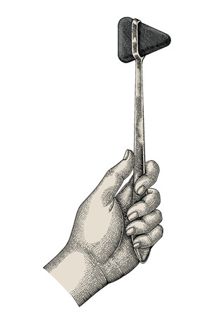 Doctor hand holding medical hammer reflex drawing style engraved isolate on white backgroundのイラスト素材