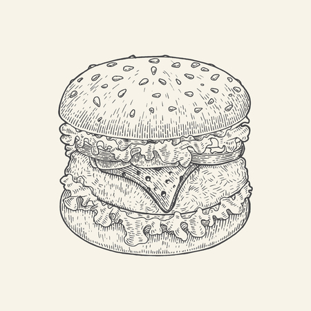 Burger hand drawing vintage style,Burger drawing illustration isolate on white backgroundのイラスト素材