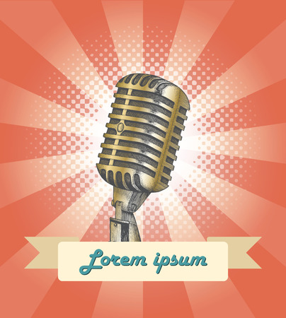 Vintage microphone hand drawing with bannerのイラスト素材