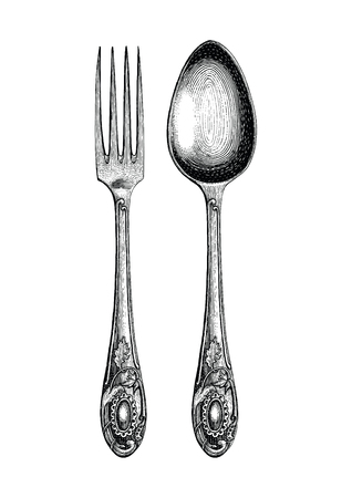 Vintage spoon and fork hand drawing,Spoon and fork sketch art isolate on white backgroundのイラスト素材