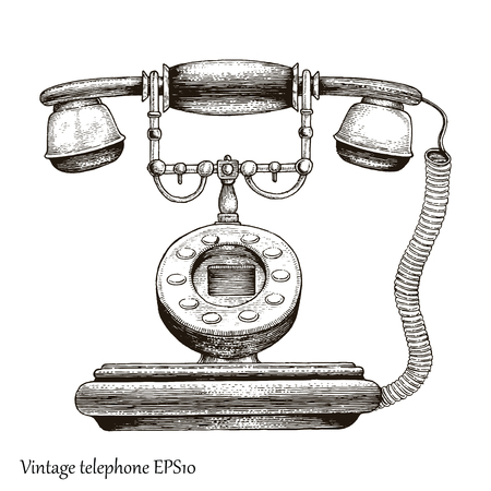 Vintage telephone hand drawing engraving style,Retro phone Initial communication deviceのイラスト素材