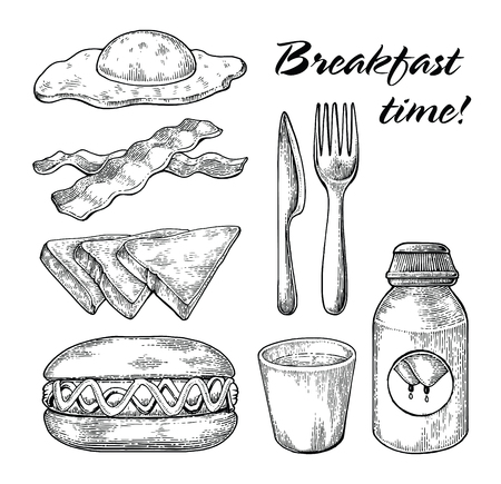Breakfast set hand drawing black and white line on white backgroundのイラスト素材