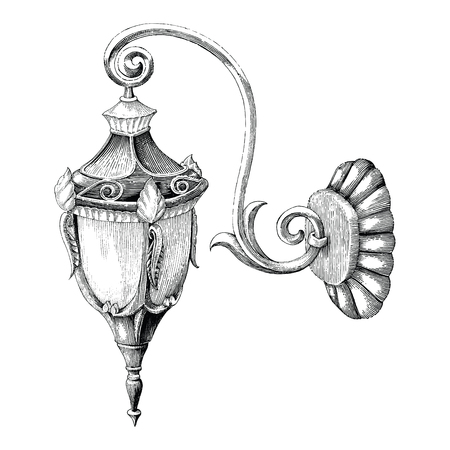 Vintage lamp street hand drawing engraving style on white backgroundのイラスト素材