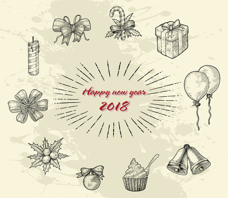 New year ornament hand drawing vintage line styleのイラスト素材