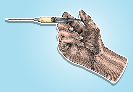 Doctor hand holding medical syringe,Hand drawing vintage styleのイラスト素材