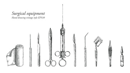 Surgical equipment set hand drawing vintage styleのイラスト素材