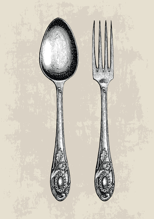 Vintage spoon and fork hand drawing,Spoon and fork sketch art isolate on grunge backgroundのイラスト素材