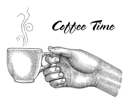 Hand holding coffee mug,Illustration vintage style isolate on white backgroundのイラスト素材