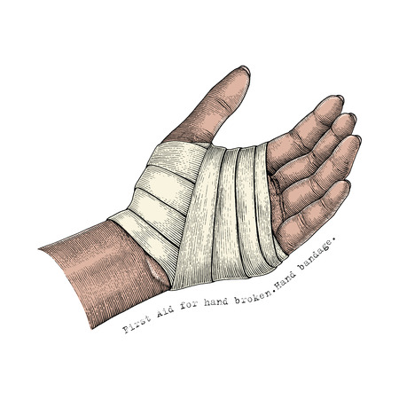 First Aid for hand broken.Hand bandage.Hand illustration vintage styleのイラスト素材