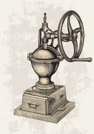 Vintage Manual Coffee Grinder hand drawing engraving style,Manual Coffee Grinder isolate on grunge backgroundのイラスト素材