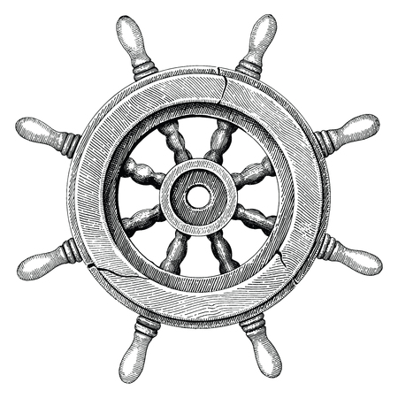 Old steering wheel ship hand drawing vintage styleのイラスト素材