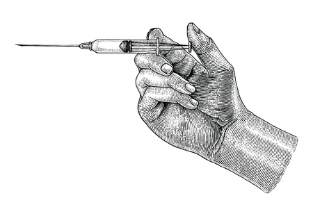 Doctor hand holding medical syringe,Hand drawing vintage styleのイラスト素材