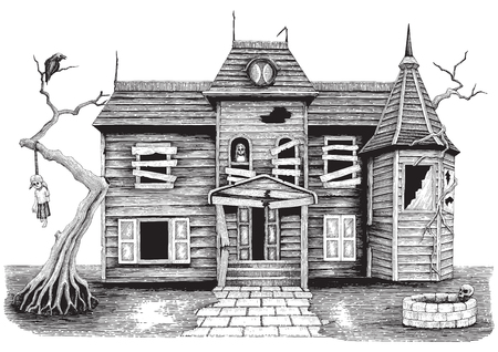Ghost house hand drawing vintage style isolate on white background,Halloween day symbol and background のイラスト素材