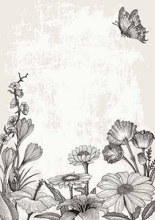 Spring flowers frame hand drawing vintage style on grunge backgroundのイラスト素材