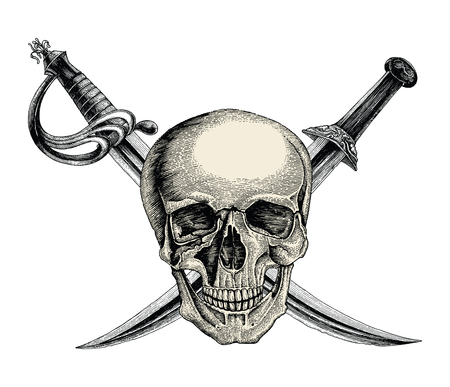 Skull with crossed swords,Pirate symbol,Logo hand drawing vintage style isolate on white backgroundのイラスト素材