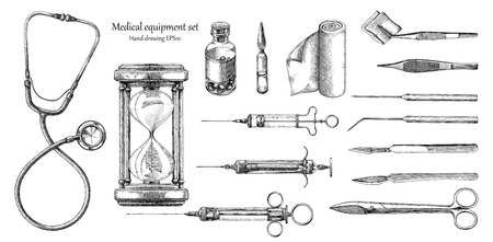 Medical equipment set hand drawing vintage styleのイラスト素材