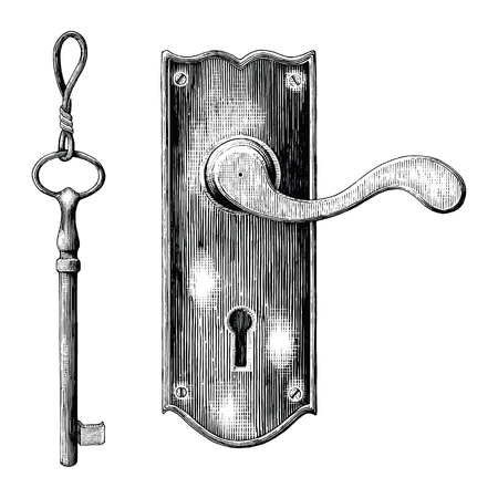 Vintage latch and key hand drawing engraving styleのイラスト素材