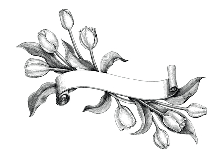 Vintage banner with tulips flower hand drawing vintage clip artのイラスト素材