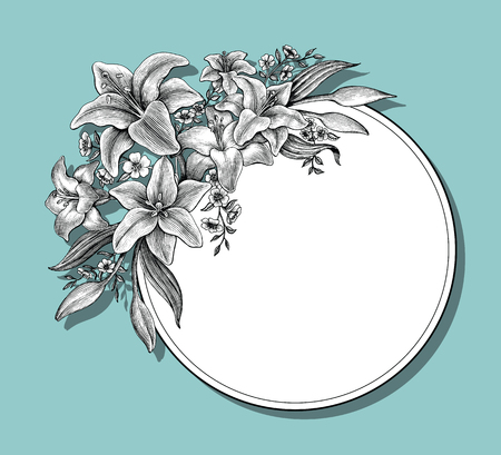 Lily flowers hand drawing vintage card on blue backgroundのイラスト素材