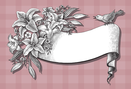 Lily flowers hand drawing vintage card on pink backgroundのイラスト素材