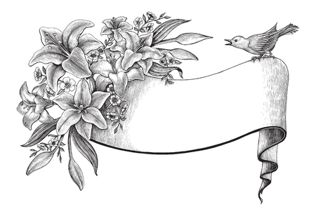Lily flowers hand drawing vintage clip art with banner and birdのイラスト素材