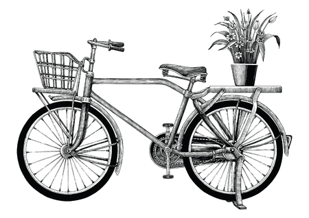 Vintage bicycle and flower pot hand drawing clip art isolated on white bakgroundのイラスト素材