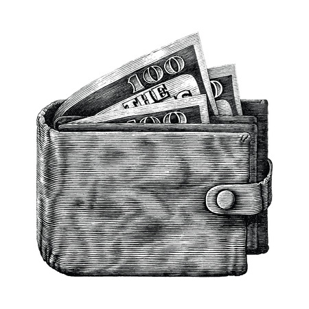 Wallet with full money hand draw vintage engraving isoleted on white backgroundのイラスト素材