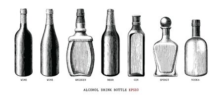 Alcohol drink bottle collection hand draw vintage style black and white clipart isolated on white backgroundのイラスト素材