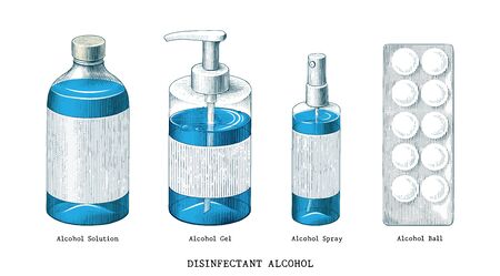 Disinfectant alcohol set hand draw vintage style clip art isolated on white backgroundのイラスト素材
