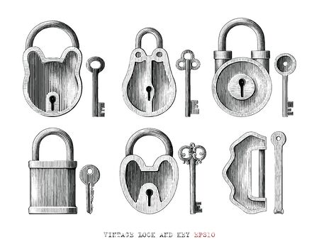 Vintage lock and key collection hand draw engraving style black and white clipart isolated on white backgroundのイラスト素材