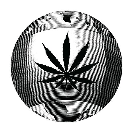 Cannabis day logo hand drawing vintage style black and white clipart isolated on white background. The cannabis flag surrounds the worldのイラスト素材