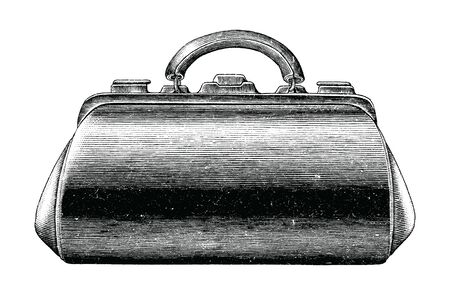 Antique engraving illustration of vintage medical bag hand draw black and white clip art isolated on white background,First aid medical bagのイラスト素材