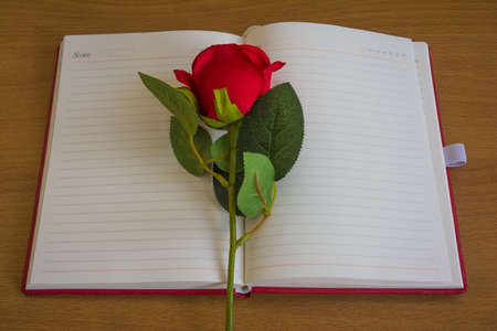 opened notebook and pen on wooden office desk.の写真素材