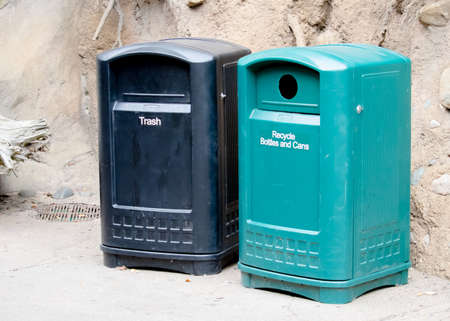 Trash and Recycling Bins in Parkの写真素材