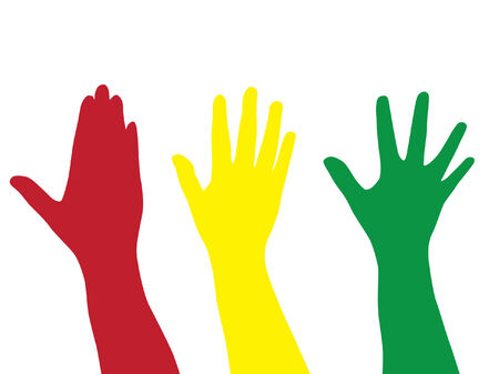 three silhouettes of hand in red, green and yellowのイラスト素材