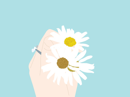 one hand with beautiful white chamomilesのイラスト素材
