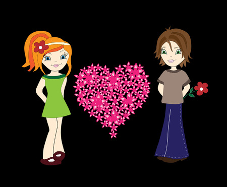 valentine's day card with boy, girl and beautiful floral heartのイラスト素材