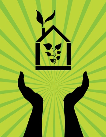 abstract hands with green house, nature protection conceptのイラスト素材