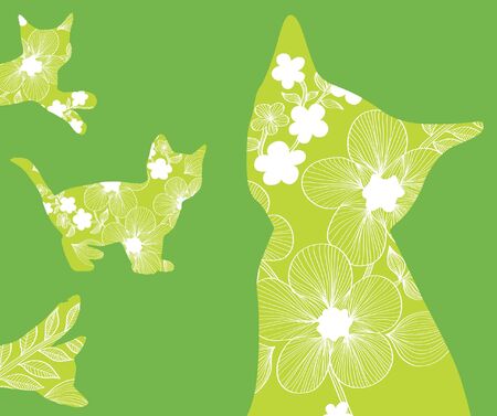 set of beautiful floral cats in green colorsのイラスト素材