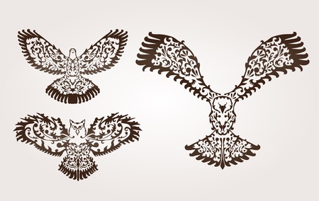 hand drawn decorative owl, dove and eagle, design elementsのイラスト素材